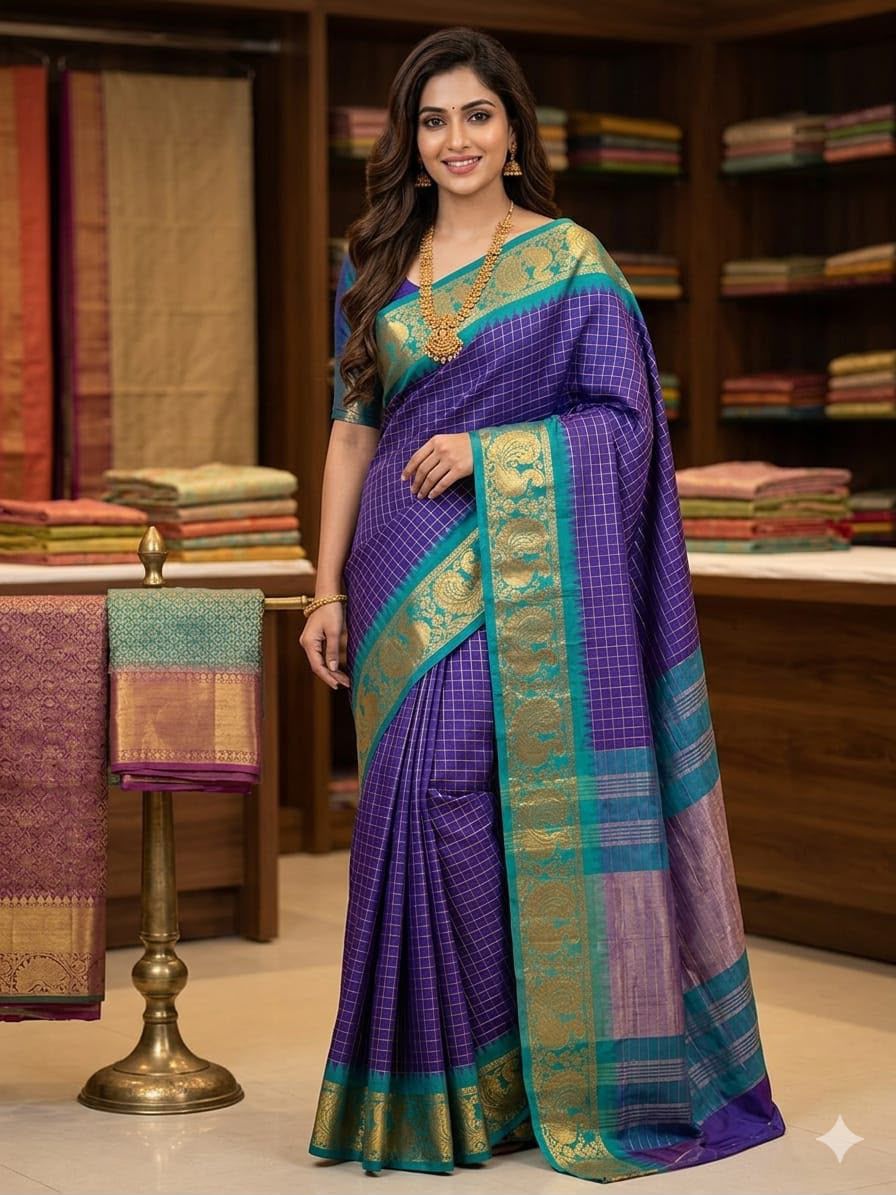 Royal Blue Checked Kanchipuram Soft Silk Saree with Teal Green Zari Border